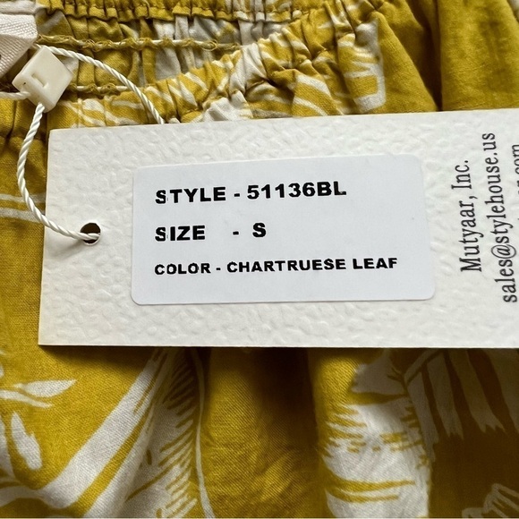 Sim & Sam Palm Print Cropped Top Puff Sleeve Yellow Chartreuse Tropical Boho S - Picture 8 of 10